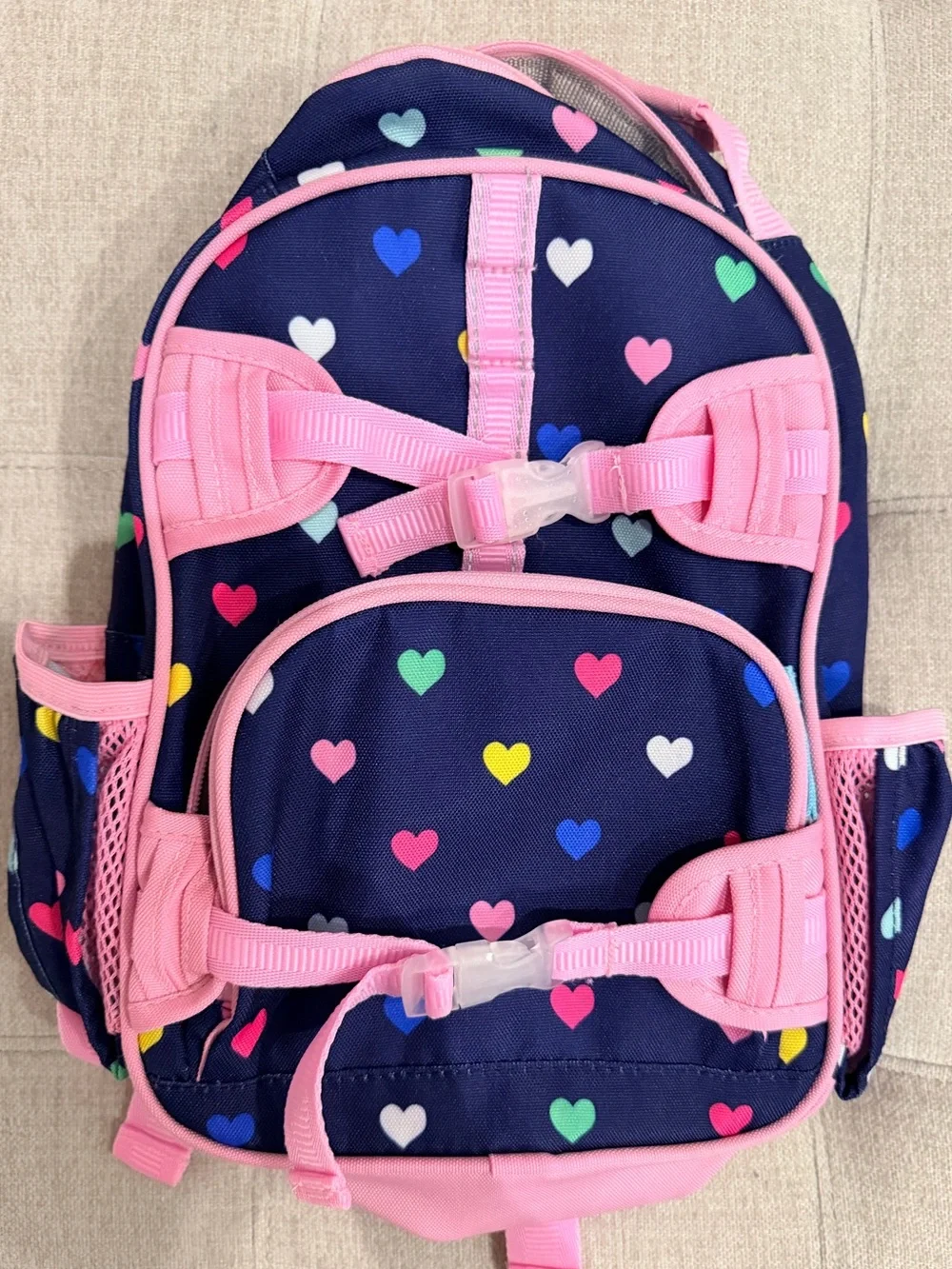 Pottery Barn Kids Navy Backpack with Pink Trim and Multicolor Hearts Size Mini